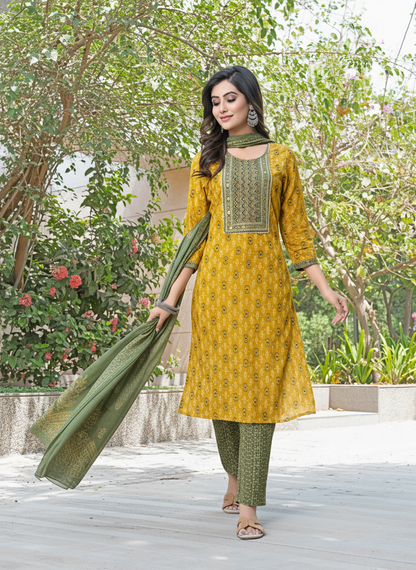 Aaliya Mustard Printed Pure Cotton Kurta Set with Cotton Mul Lining, Intricate Yoke Design Featuring Handcrafted Mirror, Sequin and Bead Work with Dupatta