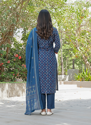Aaliya Navy Printed Pure Cotton Kurta Set with Cotton Mul Lining, Intricate Yoke Design Featuring Handcrafted Mirror, Sequin and Bead Work with Dupatta