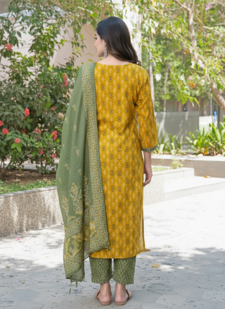 Aaliya Mustard Printed Pure Cotton Kurta Set with Cotton Mul Lining, Intricate Yoke Design Featuring Handcrafted Mirror, Sequin and Bead Work with Dupatta