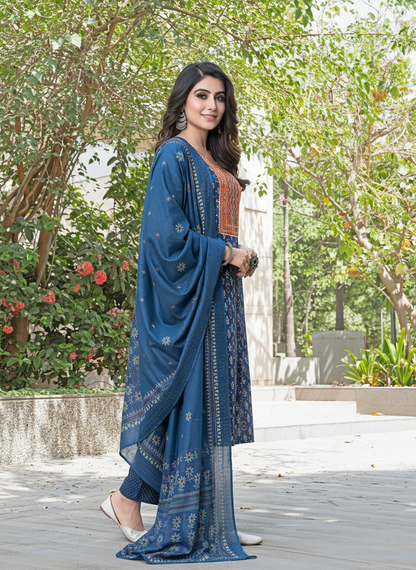 Aaliya Navy Printed Pure Cotton Kurta Set with Cotton Mul Lining, Intricate Yoke Design Featuring Handcrafted Mirror, Sequin and Bead Work with Dupatta