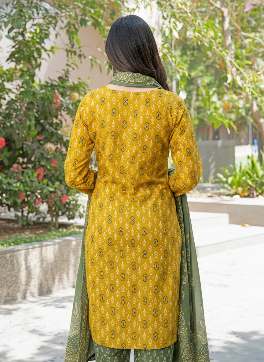 Aaliya Mustard Printed Pure Cotton Kurta Set with Cotton Mul Lining, Intricate Yoke Design Featuring Handcrafted Mirror, Sequin and Bead Work with Dupatta