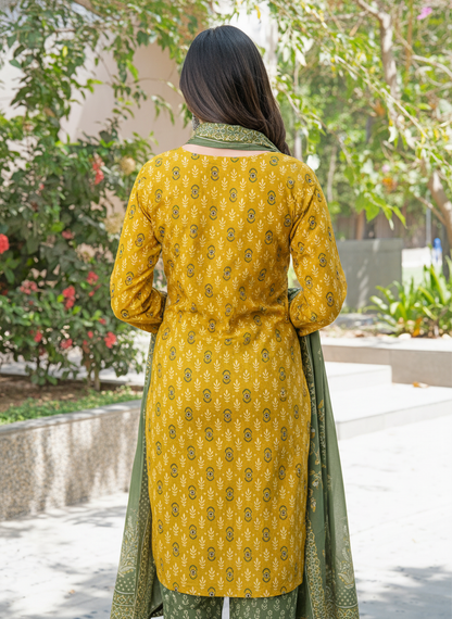 Aaliya Mustard Printed Pure Cotton Kurta Set with Cotton Mul Lining, Intricate Yoke Design Featuring Handcrafted Mirror, Sequin and Bead Work with Dupatta