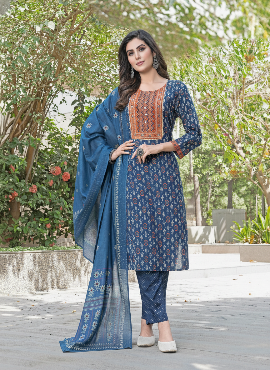 Aaliya Navy Printed Pure Cotton Kurta Set with Cotton Mul Lining, Intricate Yoke Design Featuring Handcrafted Mirror, Sequin and Bead Work with Dupatta
