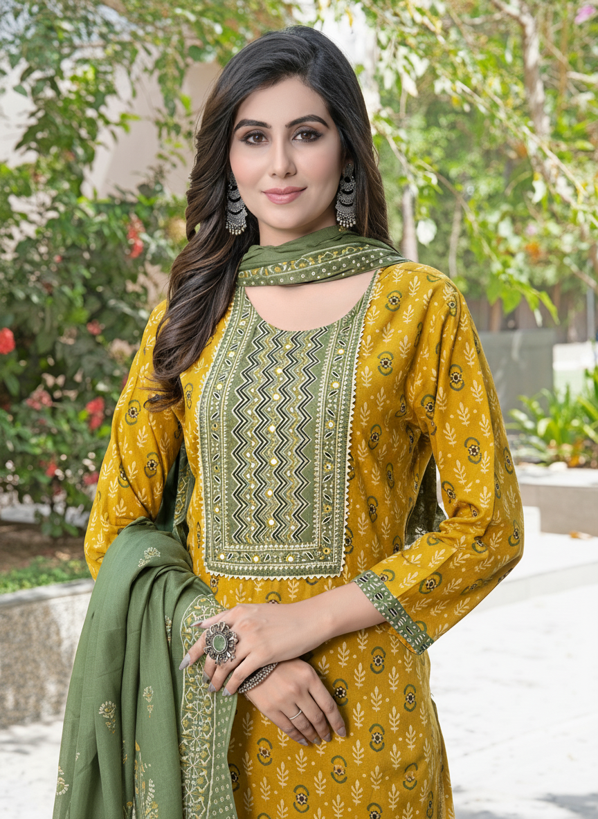 Aaliya Mustard Printed Pure Cotton Kurta Set with Cotton Mul Lining, Intricate Yoke Design Featuring Handcrafted Mirror, Sequin and Bead Work with Dupatta