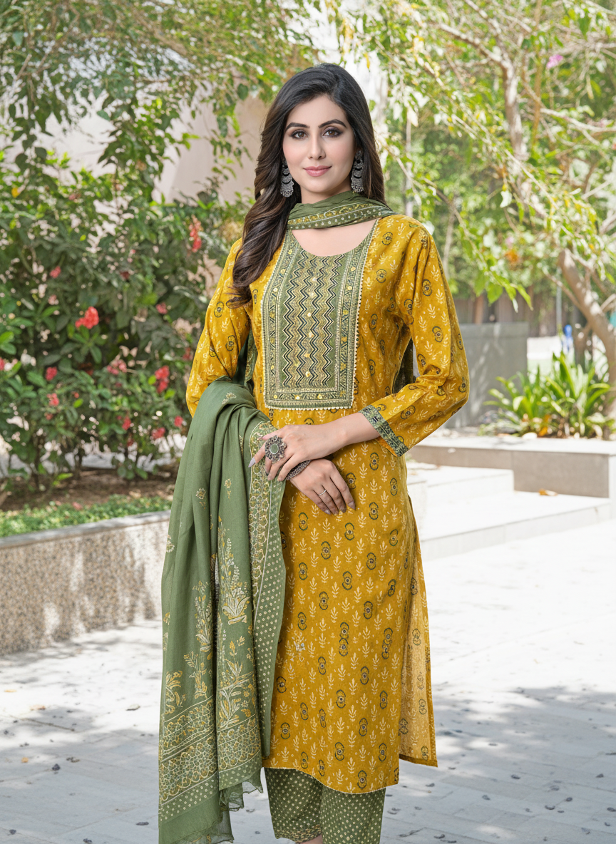 Aaliya Mustard Printed Pure Cotton Kurta Set with Cotton Mul Lining, Intricate Yoke Design Featuring Handcrafted Mirror, Sequin and Bead Work with Dupatta