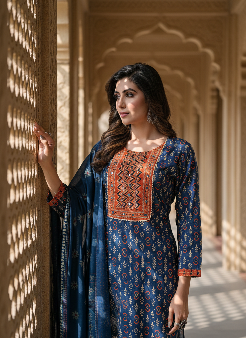 Aaliya Navy Printed Pure Cotton Kurta Set with Cotton Mul Lining, Intricate Yoke Design Featuring Handcrafted Mirror, Sequin and Bead Work with Dupatta