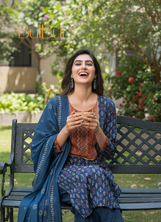 Aaliya Navy Printed Pure Cotton Kurta Set with Cotton Mul Lining, Intricate Yoke Design Featuring Handcrafted Mirror, Sequin and Bead Work with Dupatta