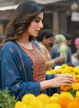 Aaliya Navy Printed Pure Cotton Kurta Set with Cotton Mul Lining, Intricate Yoke Design Featuring Handcrafted Mirror, Sequin and Bead Work with Dupatta