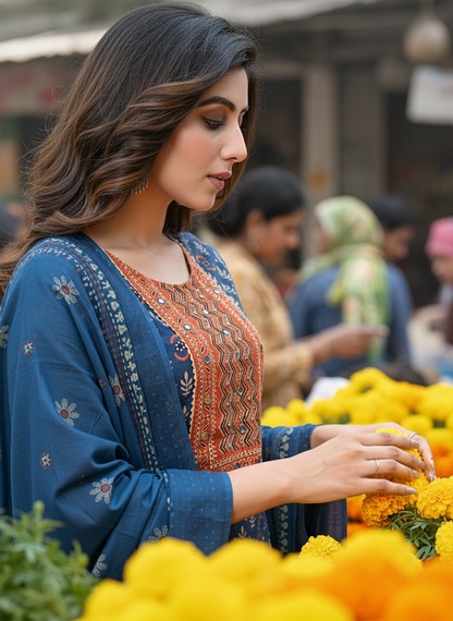 Aaliya Navy Printed Pure Cotton Kurta Set with Cotton Mul Lining, Intricate Yoke Design Featuring Handcrafted Mirror, Sequin and Bead Work with Dupatta
