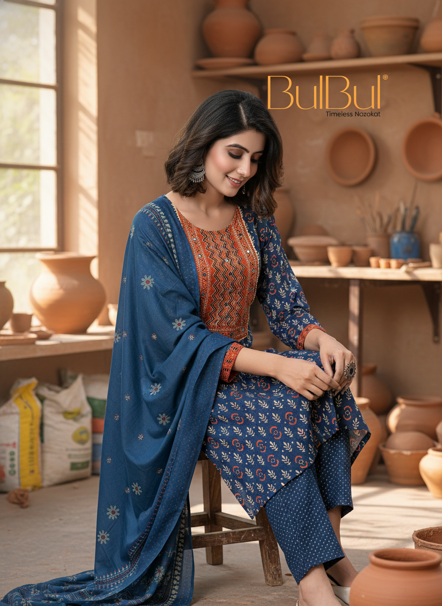 Aaliya Navy Printed Pure Cotton Kurta Set with Cotton Mul Lining, Intricate Yoke Design Featuring Handcrafted Mirror, Sequin and Bead Work with Dupatta