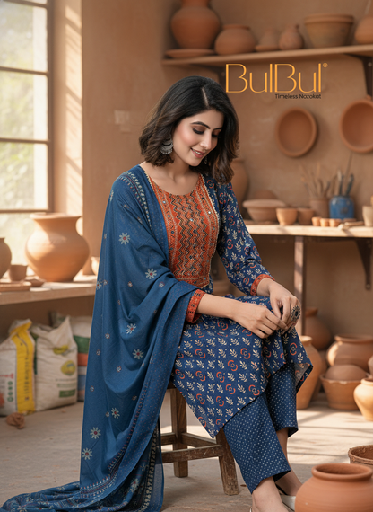 Aaliya Navy Printed Pure Cotton Kurta Set with Cotton Mul Lining, Intricate Yoke Design Featuring Handcrafted Mirror, Sequin and Bead Work with Dupatta