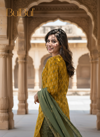 Aaliya Mustard Printed Pure Cotton Kurta Set with Cotton Mul Lining, Intricate Yoke Design Featuring Handcrafted Mirror, Sequin and Bead Work with Dupatta