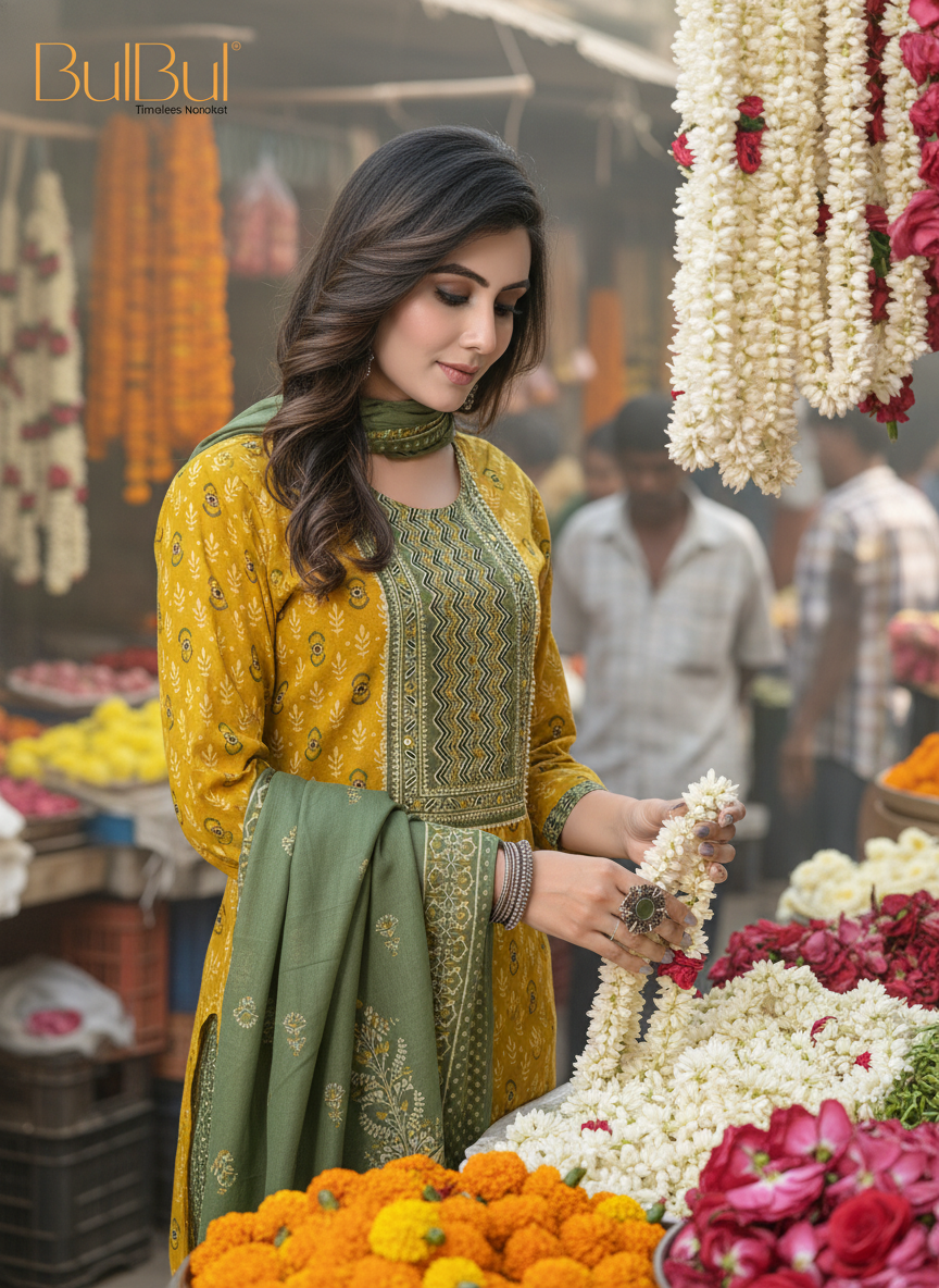 Aaliya Mustard Printed Pure Cotton Kurta Set with Cotton Mul Lining, Intricate Yoke Design Featuring Handcrafted Mirror, Sequin and Bead Work with Dupatta