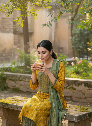 Aaliya Mustard Printed Pure Cotton Kurta Set with Cotton Mul Lining, Intricate Yoke Design Featuring Handcrafted Mirror, Sequin and Bead Work with Dupatta