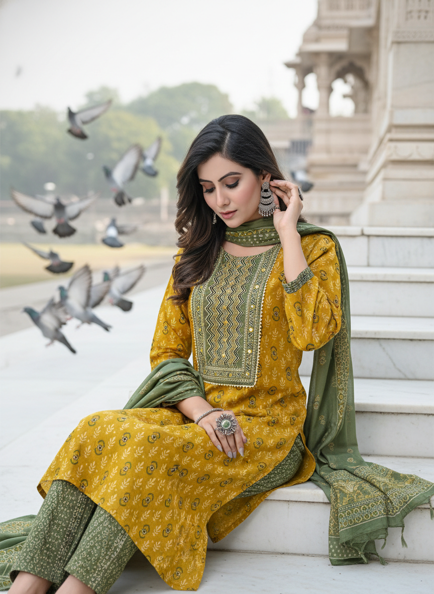 Aaliya Mustard Printed Pure Cotton Kurta Set with Cotton Mul Lining, Intricate Yoke Design Featuring Handcrafted Mirror, Sequin and Bead Work with Dupatta