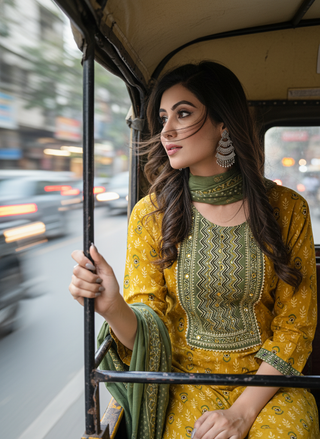 Aaliya Mustard Printed Pure Cotton Kurta Set with Cotton Mul Lining, Intricate Yoke Design Featuring Handcrafted Mirror, Sequin and Bead Work with Dupatta