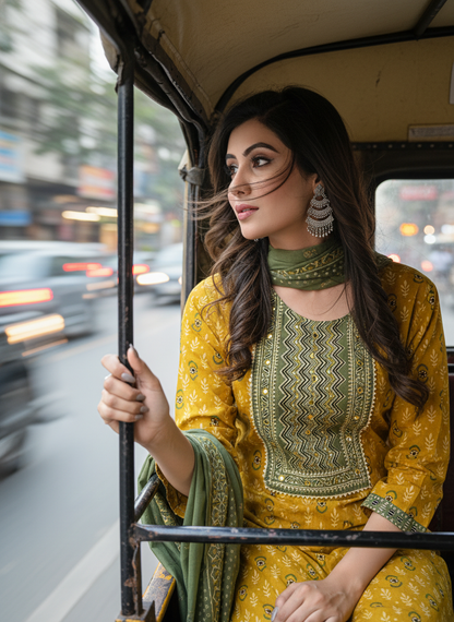 Aaliya Mustard Printed Pure Cotton Kurta Set with Cotton Mul Lining, Intricate Yoke Design Featuring Handcrafted Mirror, Sequin and Bead Work with Dupatta