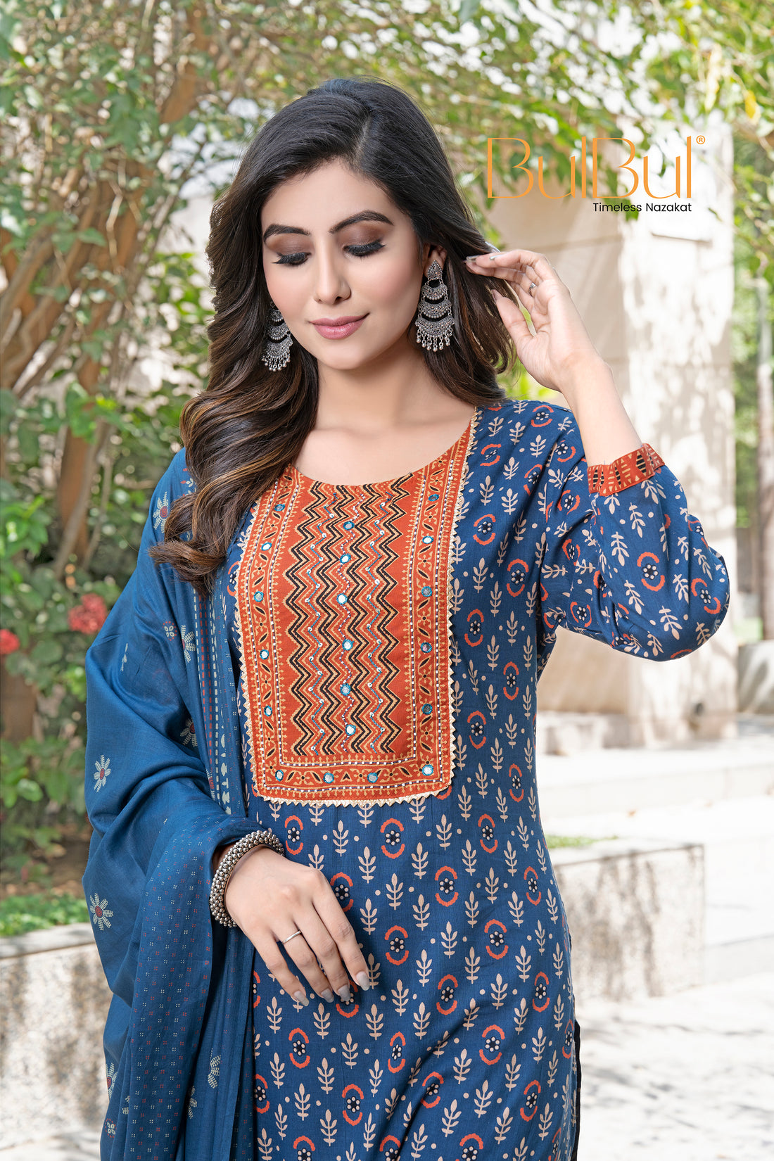 Aaliya Navy Printed Pure Cotton Kurta Set with Cotton Mul Lining, Intricate Yoke Design Featuring Handcrafted Mirror, Sequin and Bead Work with Dupatta