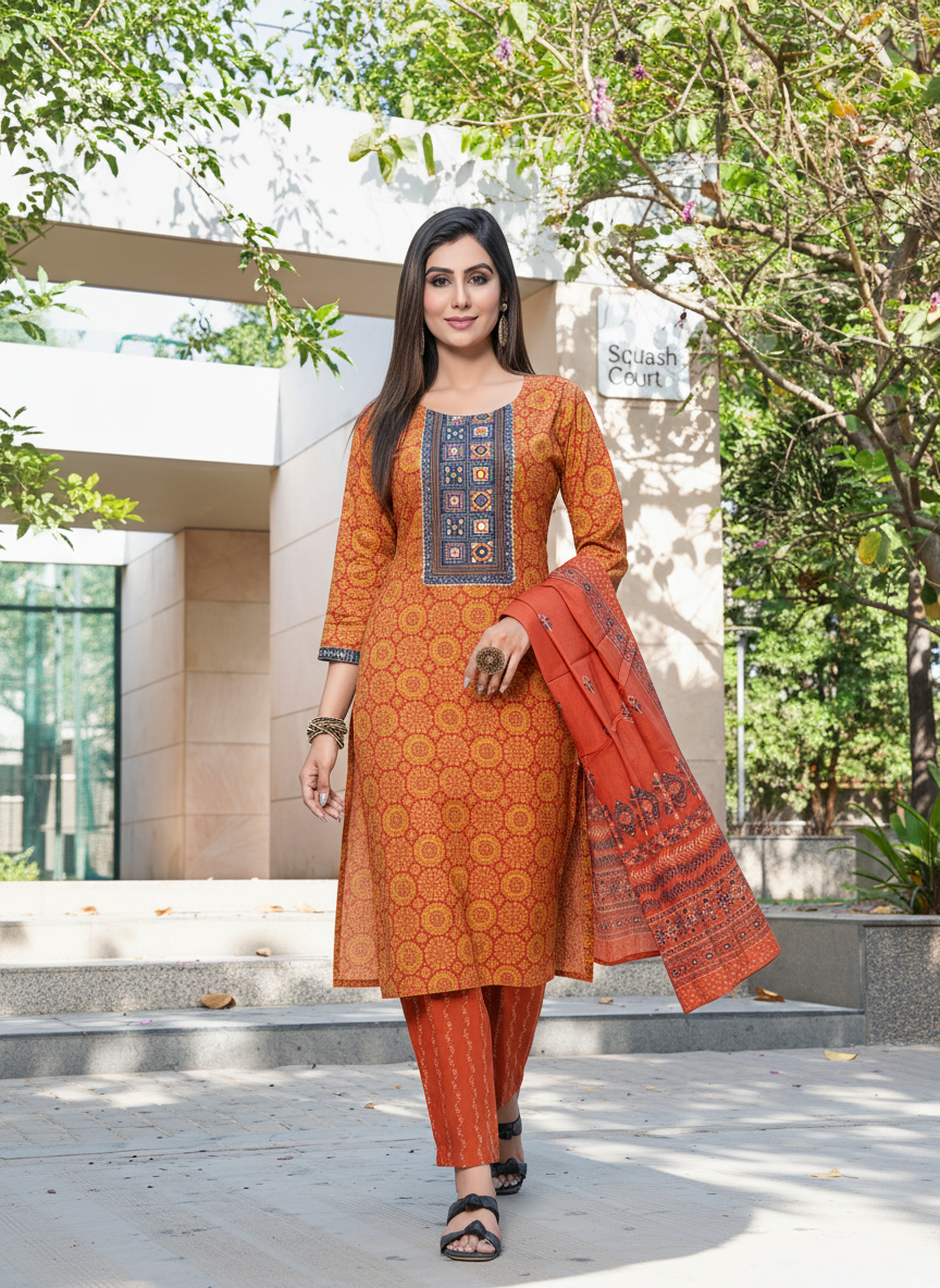 Pure Cotton Aaliya Rust Printed Kurta Set with Cotton Mul Lining, Intricate Thread-Embroidered Yoke with Handcrafted Mirror Work and Dupatta