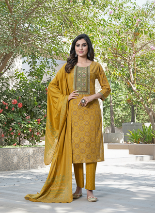 Pure Cotton Aaliya Mustard Printed Kurta Set with Cotton Mul Lining, Intricate Thread-Embroidered Yoke with Handcrafted Mirror Work and Dupatta