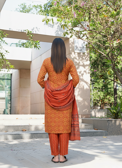 Pure Cotton Aaliya Rust Printed Kurta Set with Cotton Mul Lining, Intricate Thread-Embroidered Yoke with Handcrafted Mirror Work and Dupatta