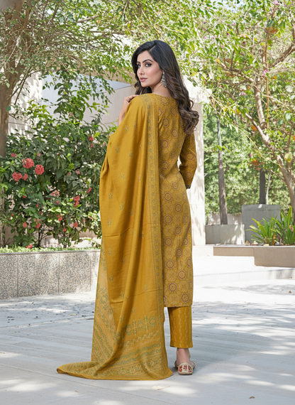 Pure Cotton Aaliya Mustard Printed Kurta Set with Cotton Mul Lining, Intricate Thread-Embroidered Yoke with Handcrafted Mirror Work and Dupatta