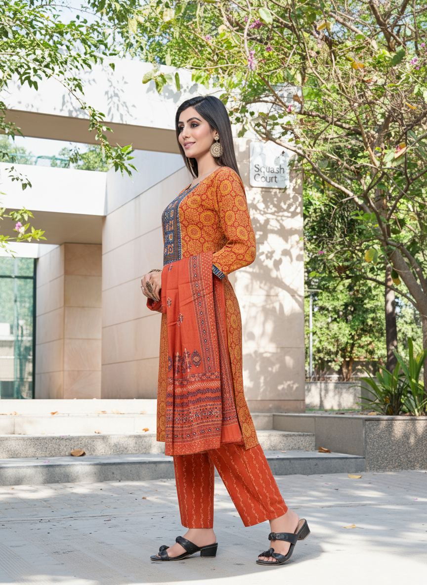 Pure Cotton Aaliya Rust Printed Kurta Set with Cotton Mul Lining, Intricate Thread-Embroidered Yoke with Handcrafted Mirror Work and Dupatta