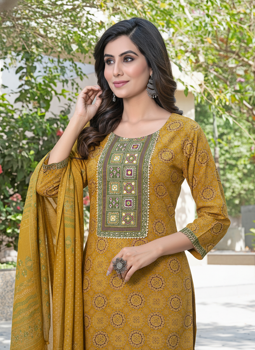 Pure Cotton Aaliya Mustard Printed Kurta Set with Cotton Mul Lining, Intricate Thread-Embroidered Yoke with Handcrafted Mirror Work and Dupatta
