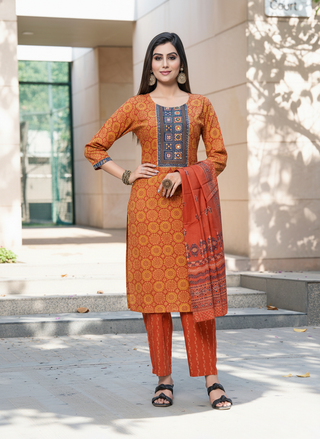 Pure Cotton Aaliya Rust Printed Kurta Set with Cotton Mul Lining, Intricate Thread-Embroidered Yoke with Handcrafted Mirror Work and Dupatta