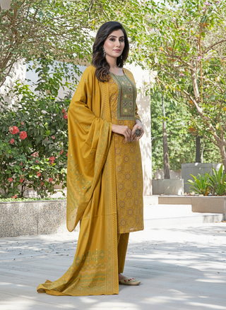 Pure Cotton Aaliya Mustard Printed Kurta Set with Cotton Mul Lining, Intricate Thread-Embroidered Yoke with Handcrafted Mirror Work and Dupatta