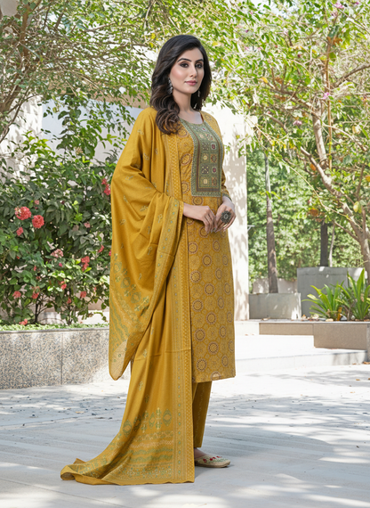 Pure Cotton Aaliya Mustard Printed Kurta Set with Cotton Mul Lining, Intricate Thread-Embroidered Yoke with Handcrafted Mirror Work and Dupatta