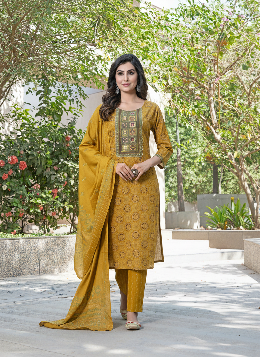 Pure Cotton Aaliya Mustard Printed Kurta Set with Cotton Mul Lining, Intricate Thread-Embroidered Yoke with Handcrafted Mirror Work and Dupatta