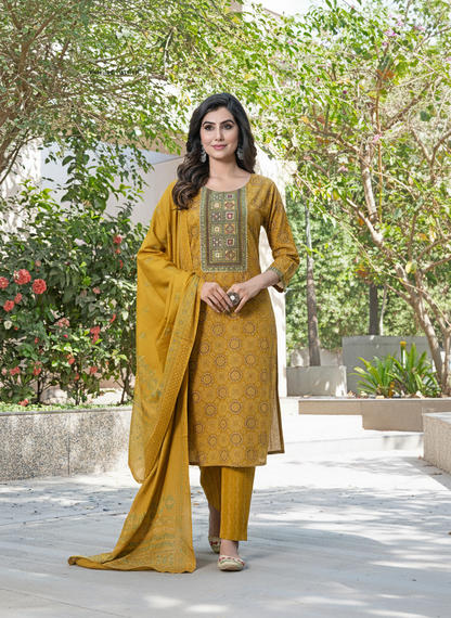 Pure Cotton Aaliya Mustard Printed Kurta Set with Cotton Mul Lining, Intricate Thread-Embroidered Yoke with Handcrafted Mirror Work and Dupatta