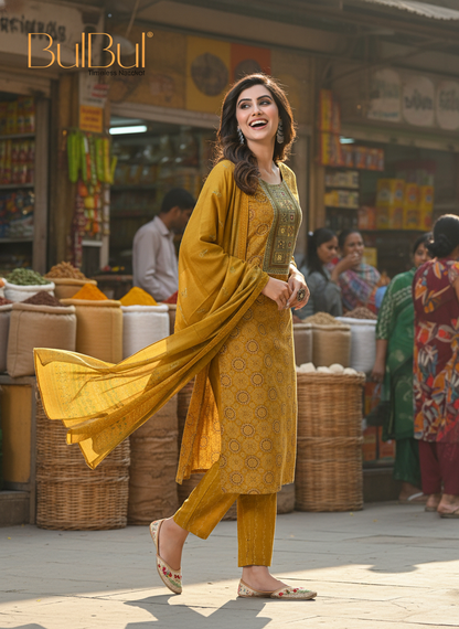 Pure Cotton Aaliya Mustard Printed Kurta Set with Cotton Mul Lining, Intricate Thread-Embroidered Yoke with Handcrafted Mirror Work and Dupatta