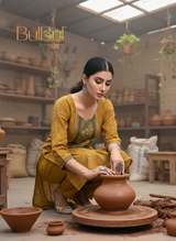Pure Cotton Aaliya Mustard Printed Kurta Set with Cotton Mul Lining, Intricate Thread-Embroidered Yoke with Handcrafted Mirror Work and Dupatta