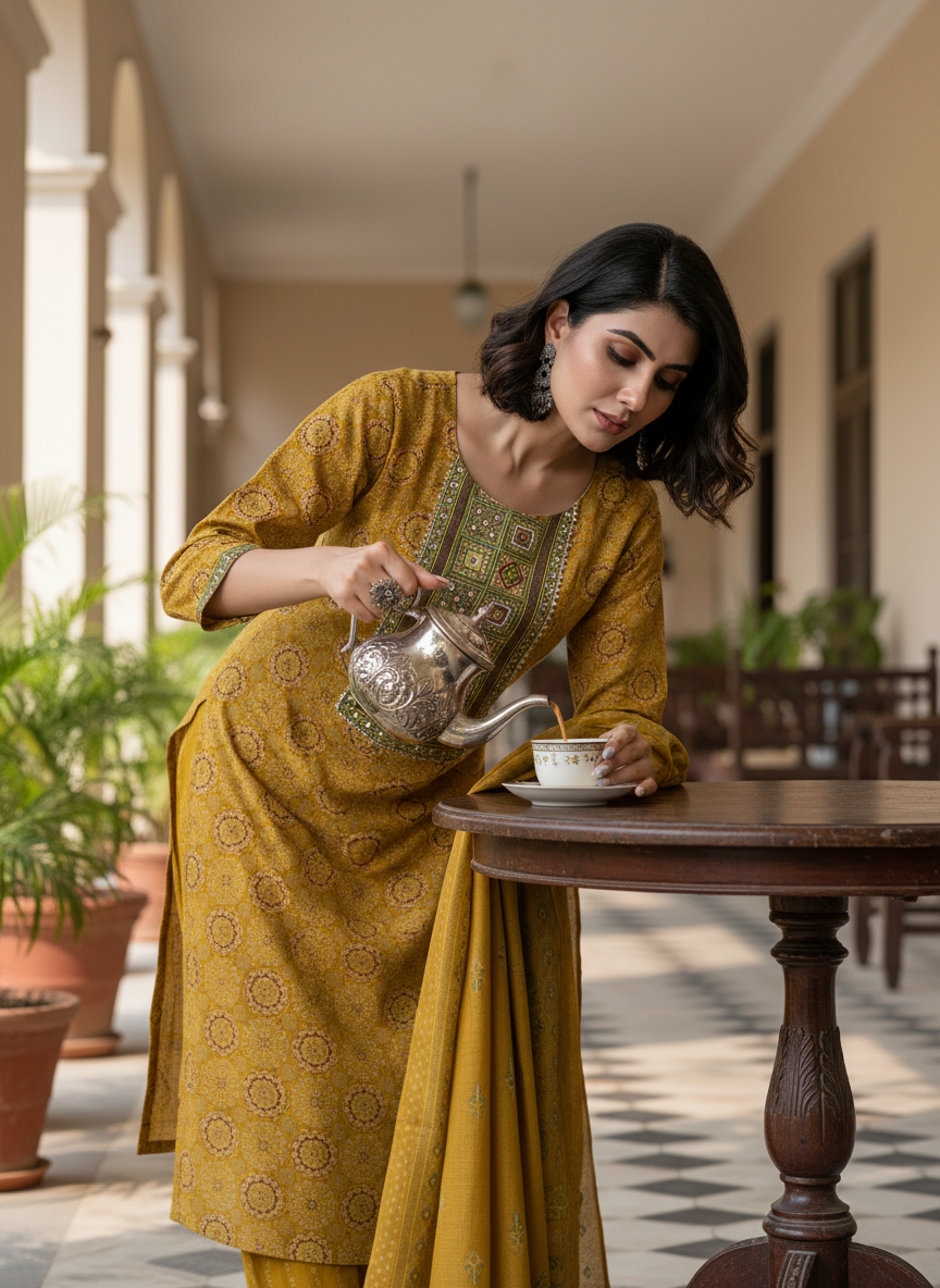 Pure Cotton Aaliya Mustard Printed Kurta Set with Cotton Mul Lining, Intricate Thread-Embroidered Yoke with Handcrafted Mirror Work and Dupatta