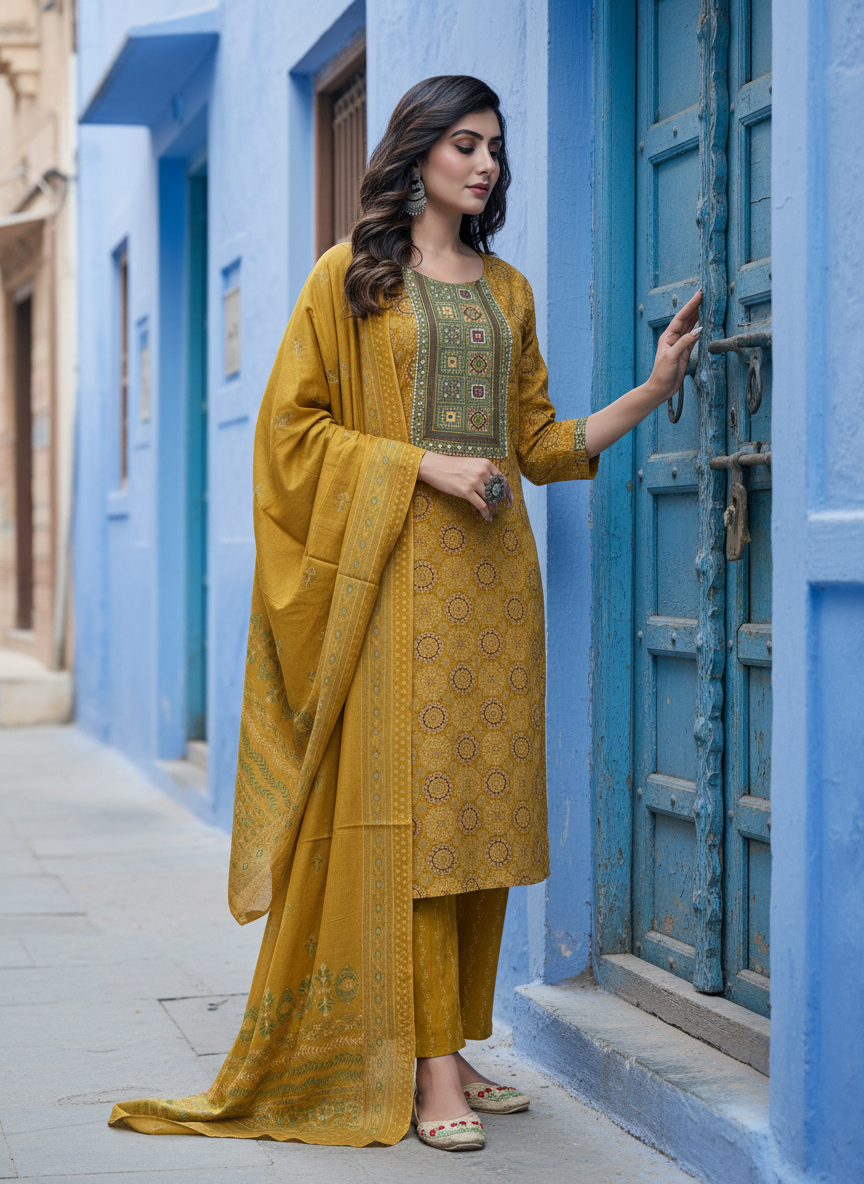 Pure Cotton Aaliya Mustard Printed Kurta Set with Cotton Mul Lining, Intricate Thread-Embroidered Yoke with Handcrafted Mirror Work and Dupatta