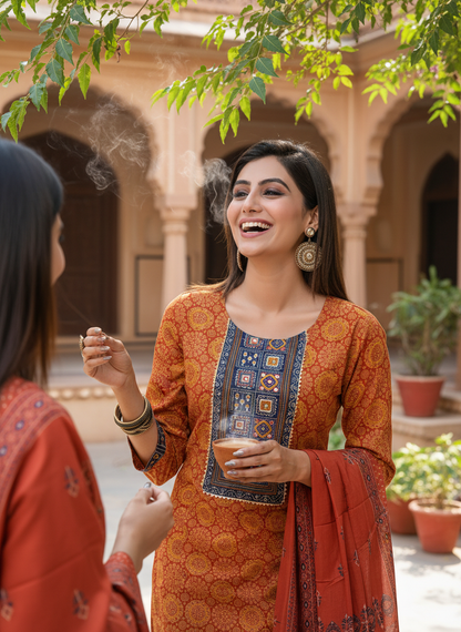 Pure Cotton Aaliya Rust Printed Kurta Set with Cotton Mul Lining, Intricate Thread-Embroidered Yoke with Handcrafted Mirror Work and Dupatta