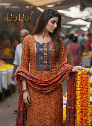 Pure Cotton Aaliya Rust Printed Kurta Set with Cotton Mul Lining, Intricate Thread-Embroidered Yoke with Handcrafted Mirror Work and Dupatta