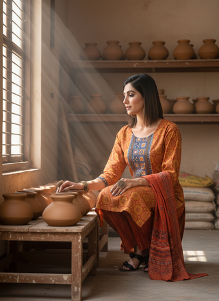 Pure Cotton Aaliya Rust Printed Kurta Set with Cotton Mul Lining, Intricate Thread-Embroidered Yoke with Handcrafted Mirror Work and Dupatta
