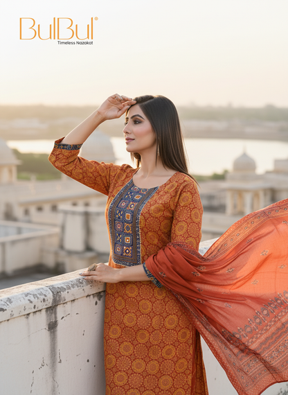 Pure Cotton Aaliya Rust Printed Kurta Set with Cotton Mul Lining, Intricate Thread-Embroidered Yoke with Handcrafted Mirror Work and Dupatta