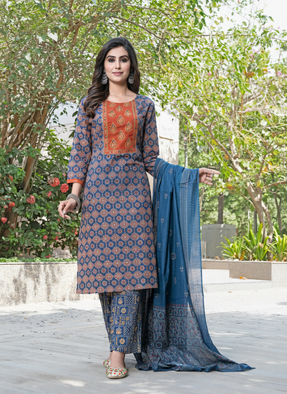 Aaliya Navy Printed Pure Cotton Kurta Set with Cotton Mul Lining, Handcrafted Sequin & Mirror Work Yoke and Dupatta