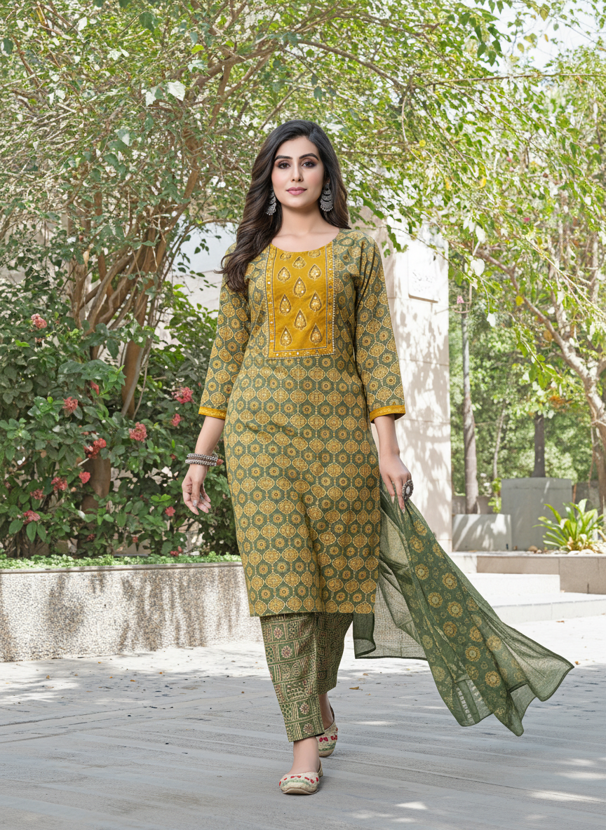 Aaliya Green Printed Pure Cotton Kurta Set with Cotton Mul Lining, Handcrafted Sequin & Mirror Work Yoke and Dupatta