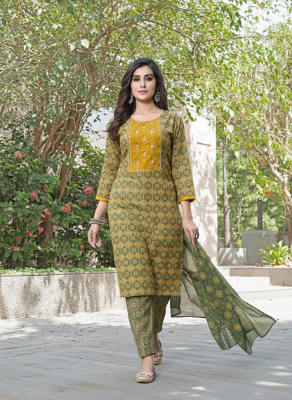 Aaliya Green Printed Pure Cotton Kurta Set with Cotton Mul Lining, Handcrafted Sequin & Mirror Work Yoke and Dupatta