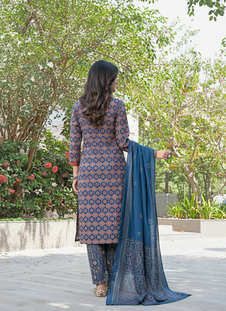 Aaliya Navy Printed Pure Cotton Kurta Set with Cotton Mul Lining, Handcrafted Sequin & Mirror Work Yoke and Dupatta