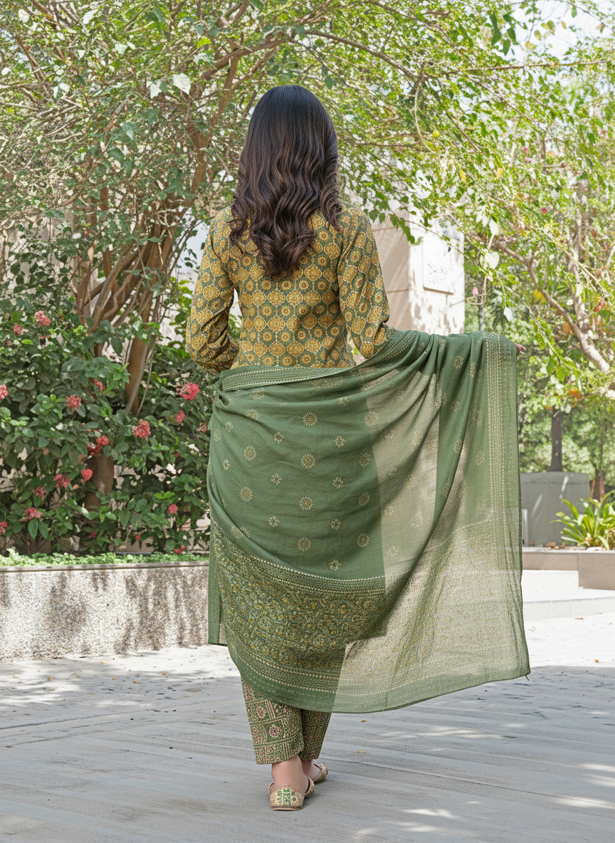 Aaliya Green Printed Pure Cotton Kurta Set with Cotton Mul Lining, Handcrafted Sequin & Mirror Work Yoke and Dupatta