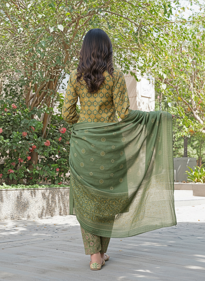 Aaliya Green Printed Pure Cotton Kurta Set with Cotton Mul Lining, Handcrafted Sequin & Mirror Work Yoke and Dupatta