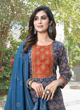 Aaliya Navy Printed Pure Cotton Kurta Set with Cotton Mul Lining, Handcrafted Sequin & Mirror Work Yoke and Dupatta