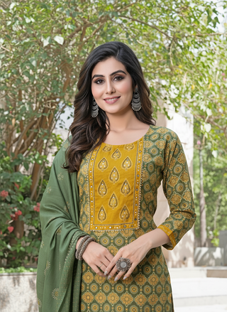 Aaliya Green Printed Pure Cotton Kurta Set with Cotton Mul Lining, Handcrafted Sequin & Mirror Work Yoke and Dupatta