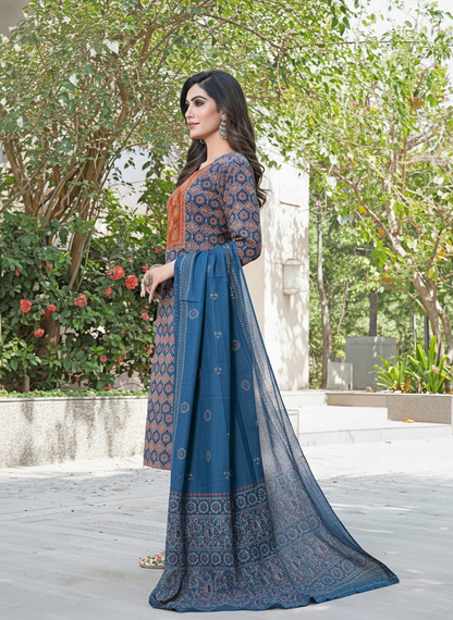 Aaliya Navy Printed Pure Cotton Kurta Set with Cotton Mul Lining, Handcrafted Sequin & Mirror Work Yoke and Dupatta
